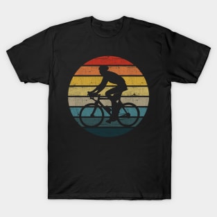 Bicyclist Silhouette On A Distressed Retro Sunset print T-Shirt